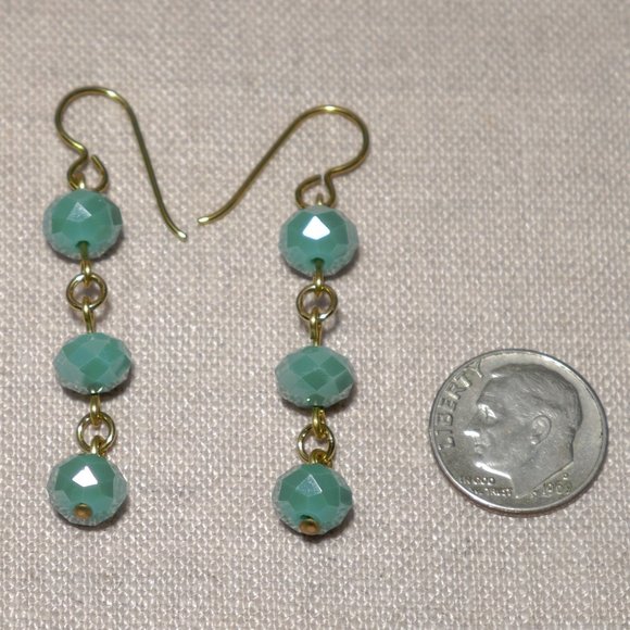 Hand Crafted Handmade Earrings Faceted Iridescent Turquoise Bead Long Earrings - Picture 3 of 5